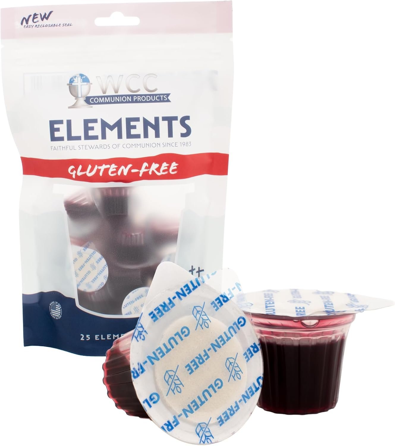 Elements Bagged Gluten-Free Communion Cups 25 Count | Prefilled Concord Juice + GF Wafer | Easy-Open