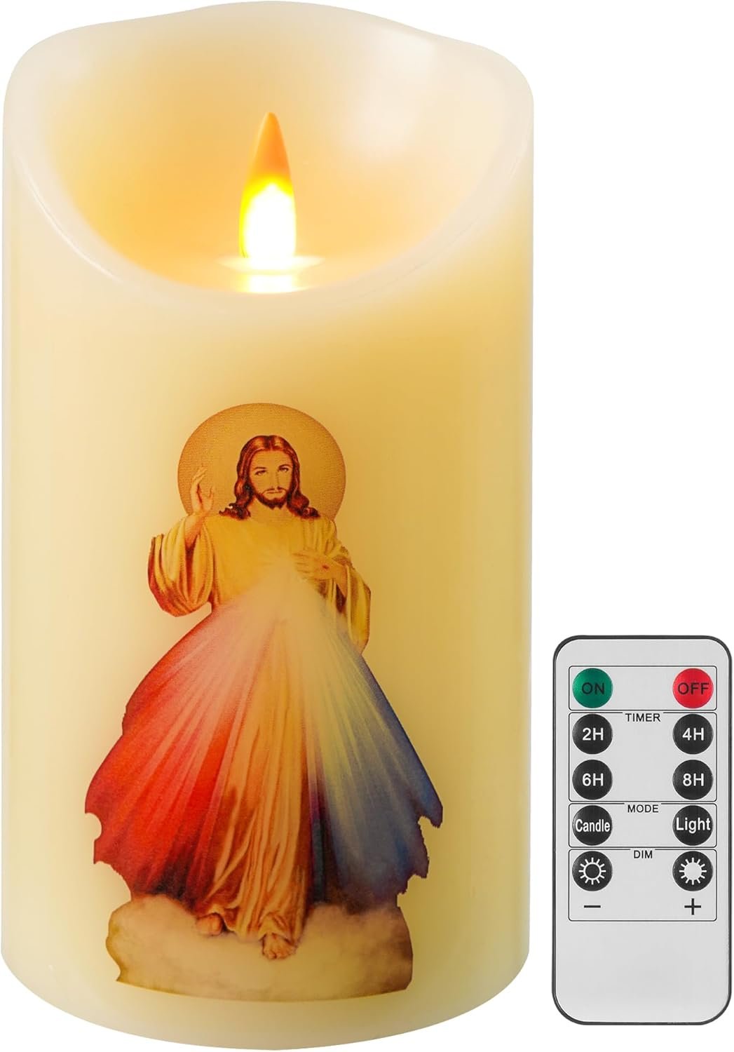 QQFCTOO LED Prayer Flameless Candle with Remote Timer, Battery Powered Candle, Religious Candle, Real Wax, for Home Altar, Church, Devotional,6″ x 3.2″（Jesus