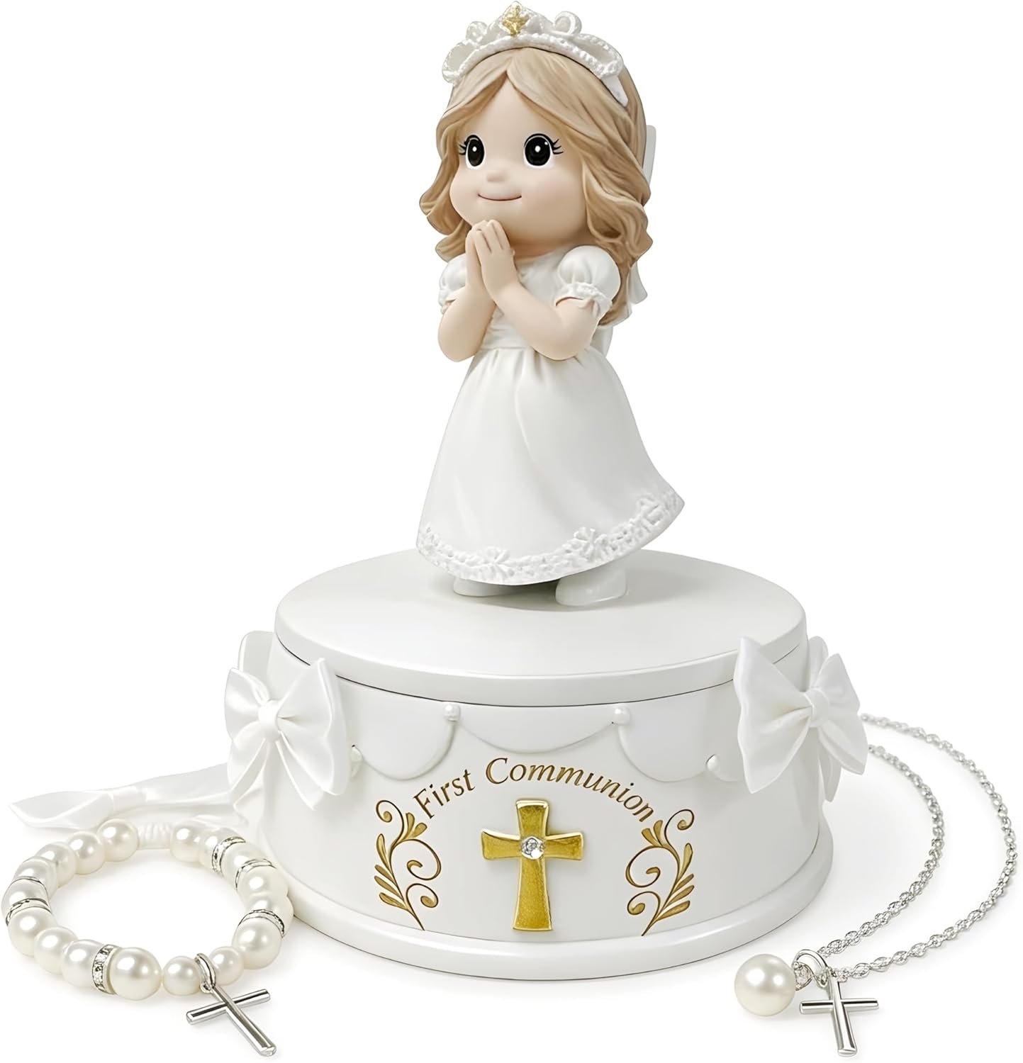 First Communion Gifts for Girls – 1st Holy Communion Girl Figurine with Keepsake Box & Pearl Bracelet, Religious Communion Keepsake Gift for Girls
