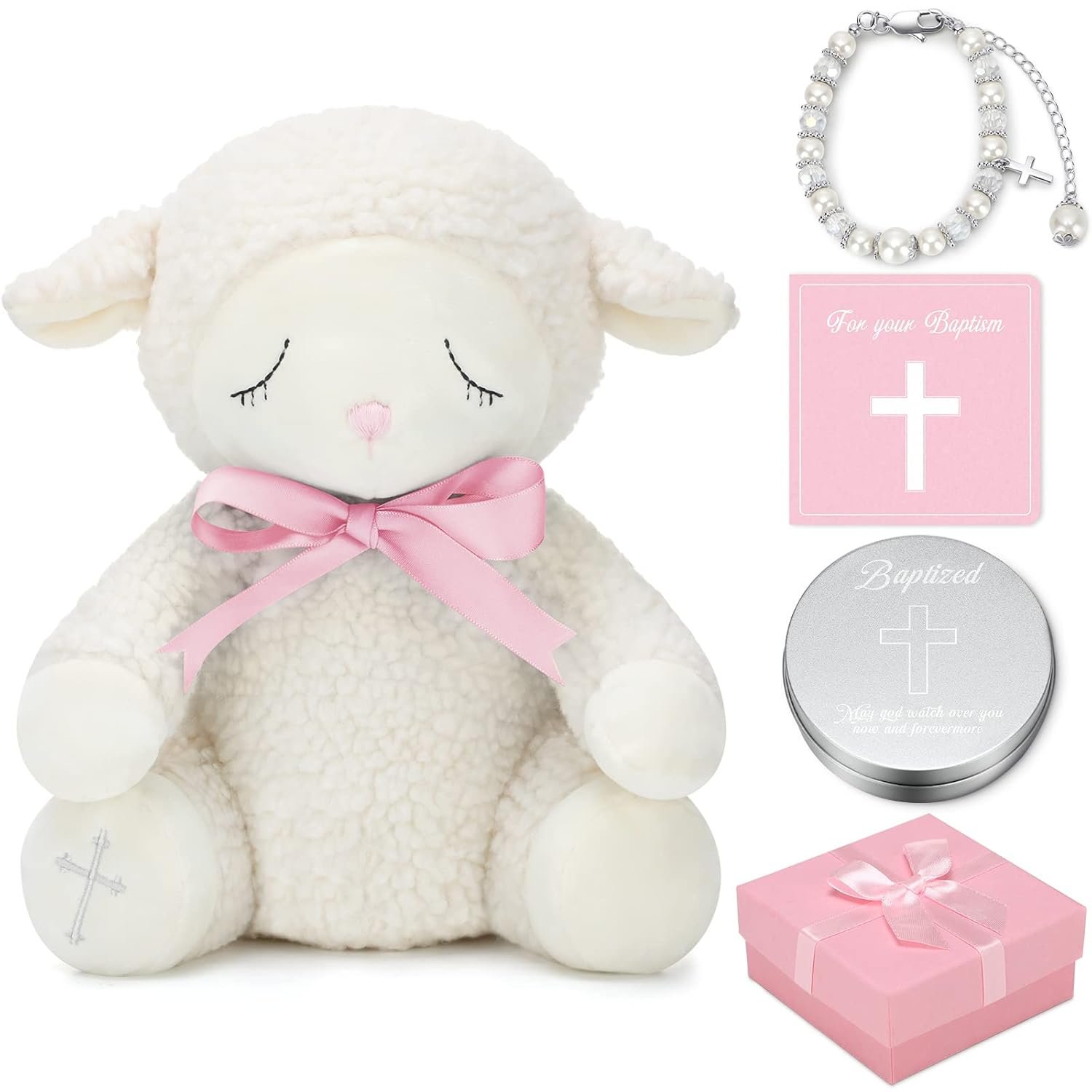 Haull 5 Pcs Christening Baptism Gifts for Girls Include 8.5 Inch Plush Lamb Toy Doll Catholic Baptism Pearls Bracelet Pray Card with Gift Box for Kids Baby Shower First Communion