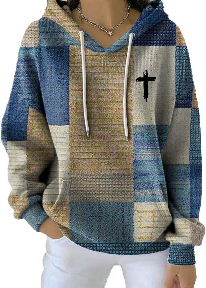 Women’s Casual Autumn Faith Print Striped Hoodie Fall Christian Sweatshirts for Women Faith Cross Shirt