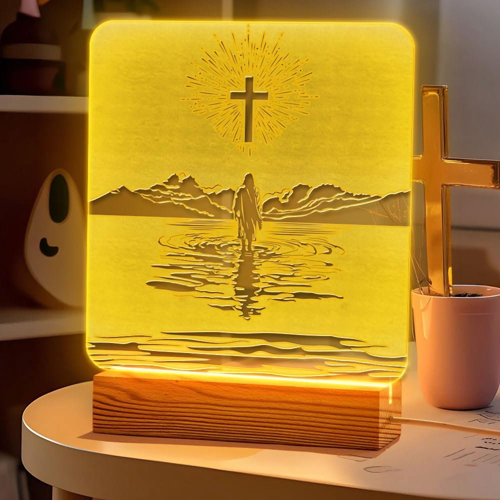 Christian Mom Gift – LED Night Light with Jesus and Cross Design – Mother’s Day for Christian Mom – USB Powered Lamp – Wooden Base – Inspirational Christian Home Decor and Encouragement Gift