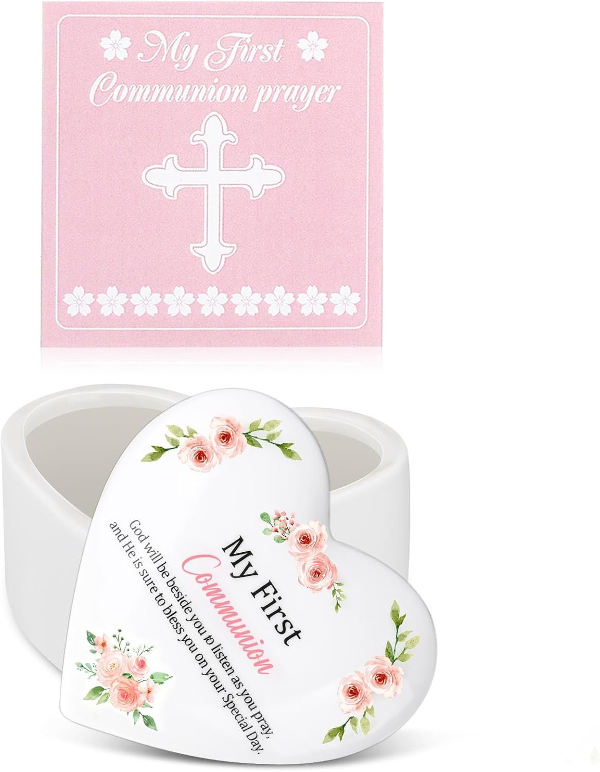 Funtery First Communion Gifts for Girls Ceramic Jewelry Keepsake Box with a Pray Card 1st Holy Communion Gifts for Girls Boys(Heart,Pink)