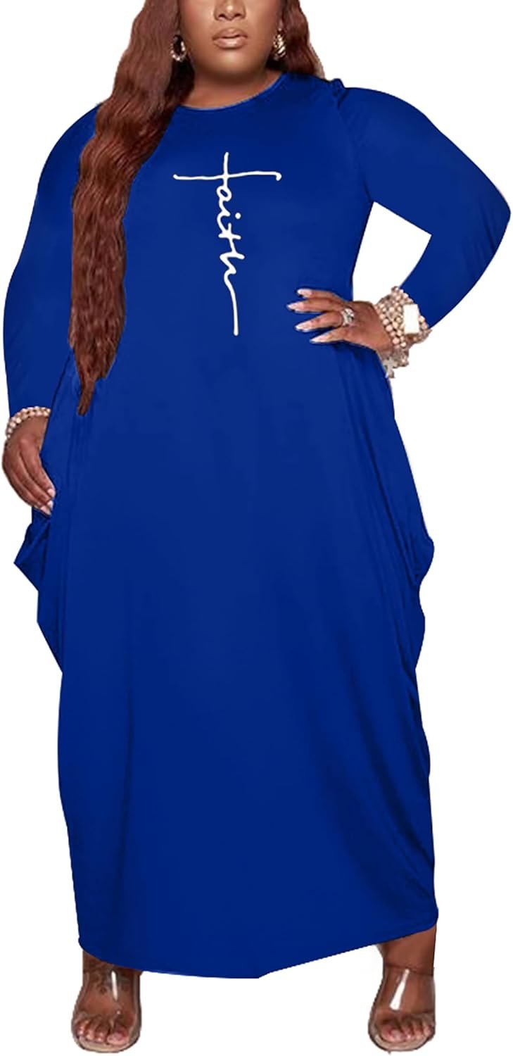 Women’s Casual Loose Plus Size Maxi Dress Graphic Print Long Sleeve Baggy Long T-Shirt Tunic Dress with Pockets