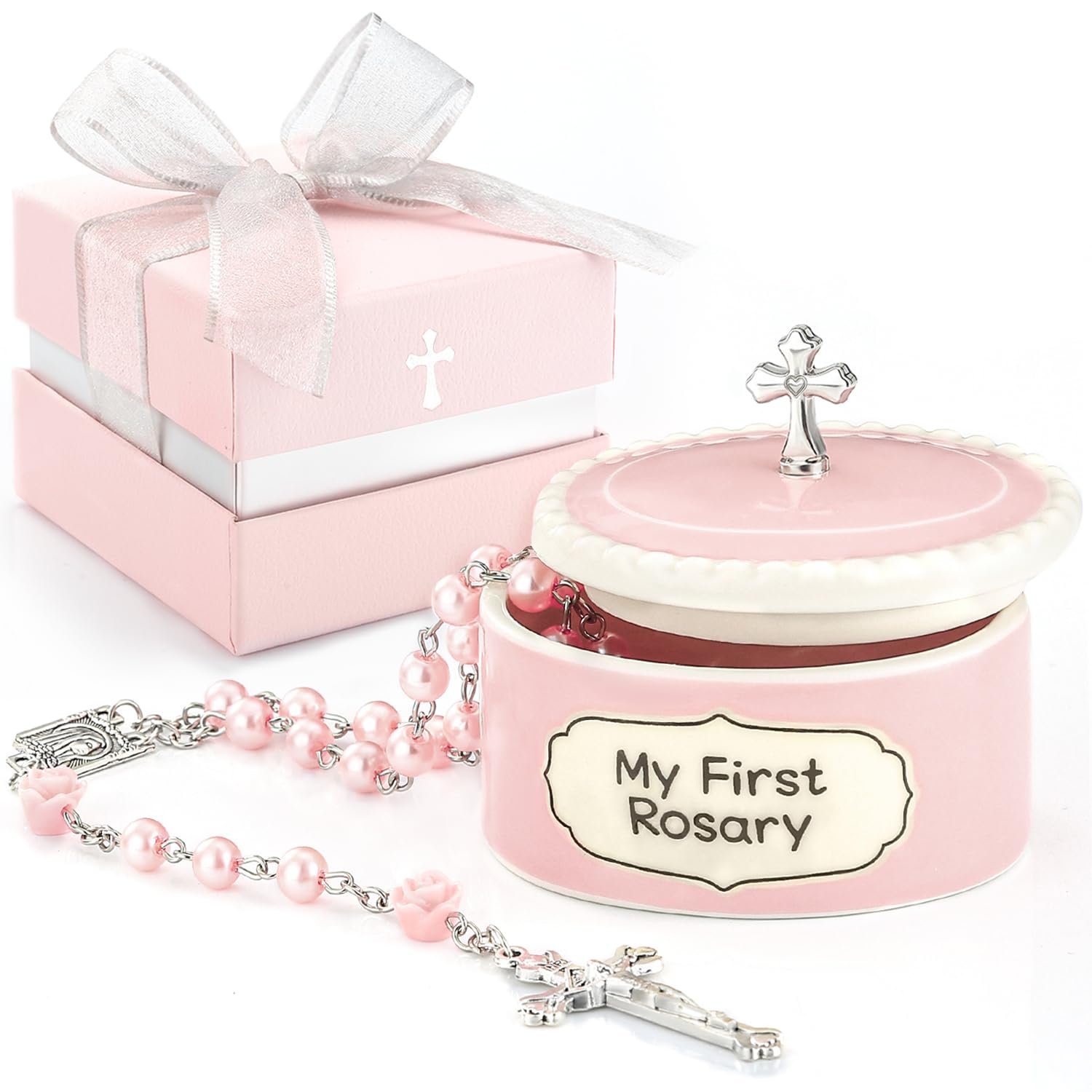 Baptism Gifts for Girl – My First Rosary with Ceramic Keepsake Box, Catholic Christening Gift Set, Pink Rosary for Kids, Baptism, First Communion & Baby Dedication Gifts for Newborn Baby Girls