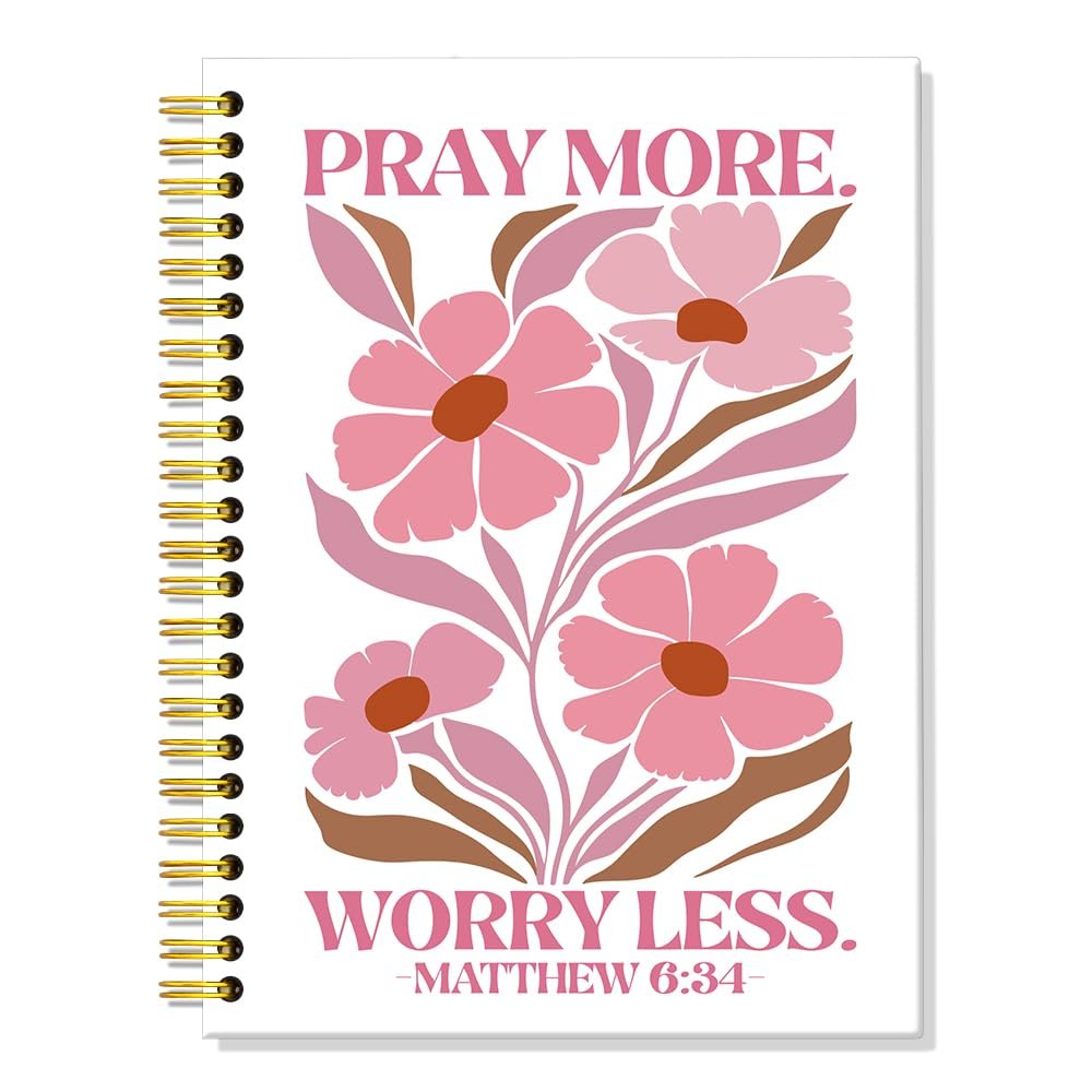 ERHACHAIJIA Pray More Worry Less 160 Pages Hardcover Lined Spiral Notebook, Pink Boho Flowers Journal Gifts for Christian Coworkers, Prayer Journal for Women, Matthew 6:34 Notebook for Bible Notes