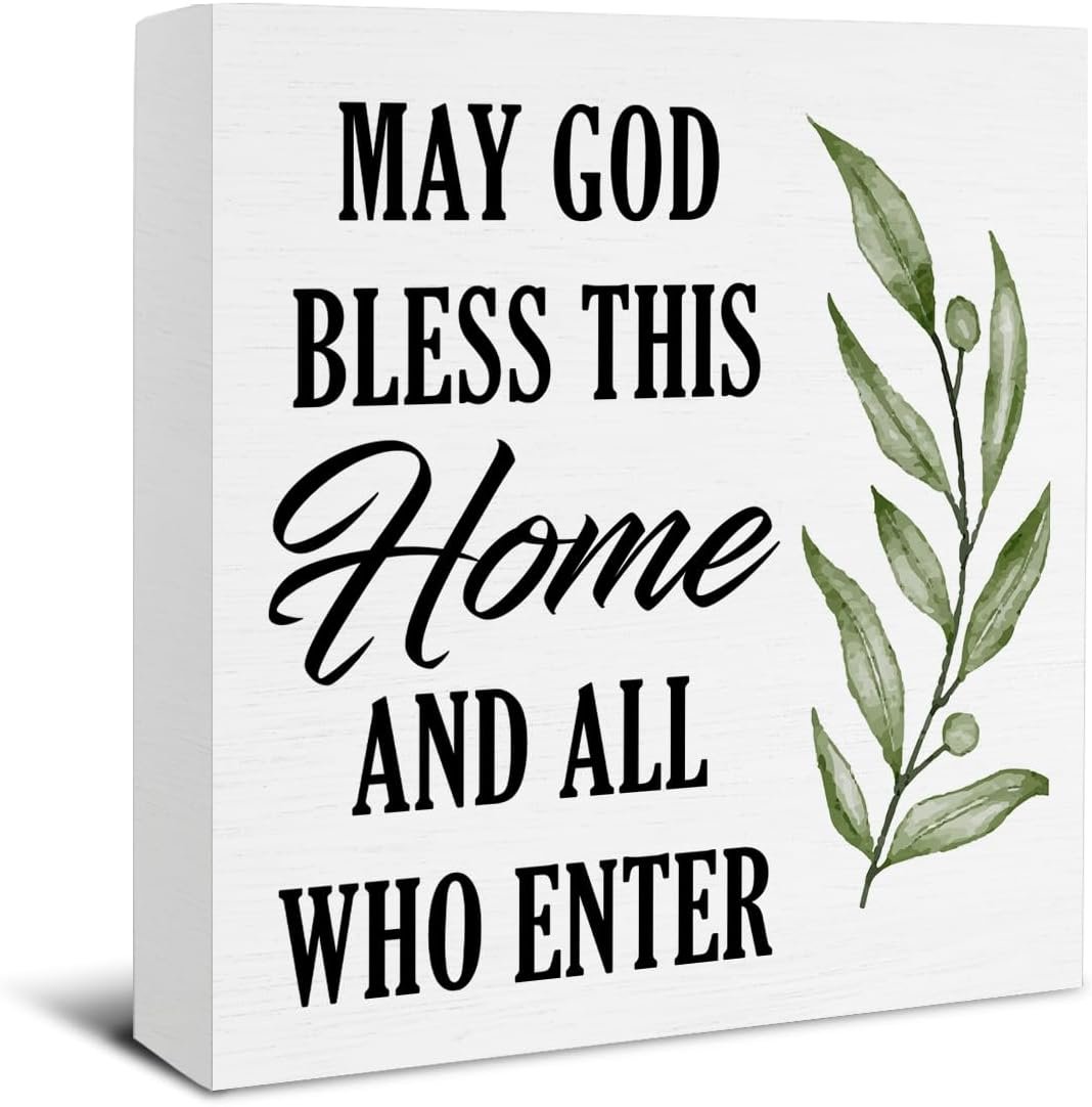 jyunsoeng Christian Home Decor – May God Bless This Home and All Who Enter Wooden Sign Living Room Front Door Desk Wall Shelf Farmhouse Table Decor 5 X 5 Inches – House Warming Gifts