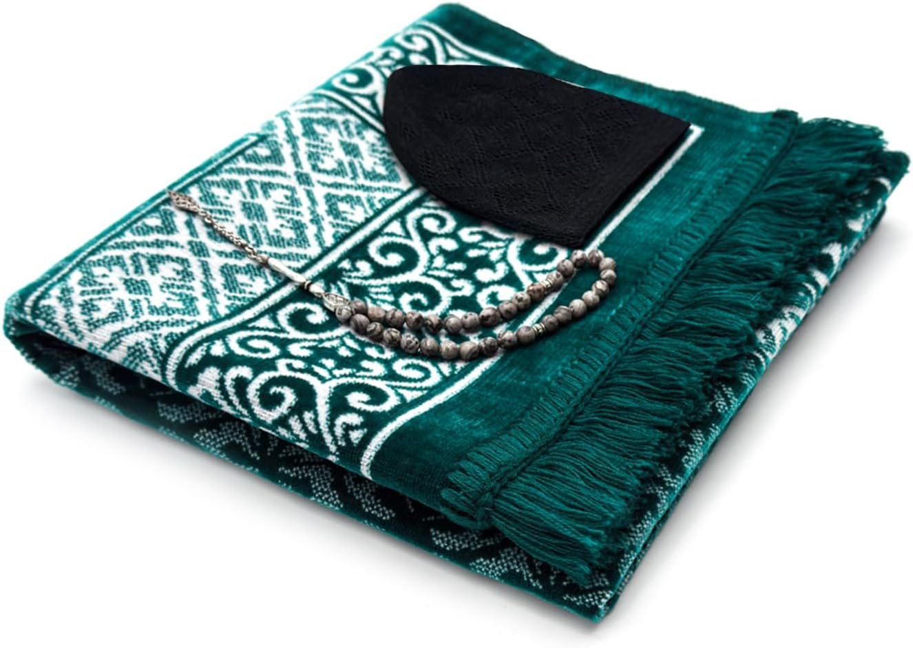ESERRA Velvet Prayer Mat All in One Set for Islam – Thick Muslim Prayer Rug, Black Kufi Hat, Jasper Stone 33 Prayer Beads, Cotton Travel Case – Islamic Gifts (Green)