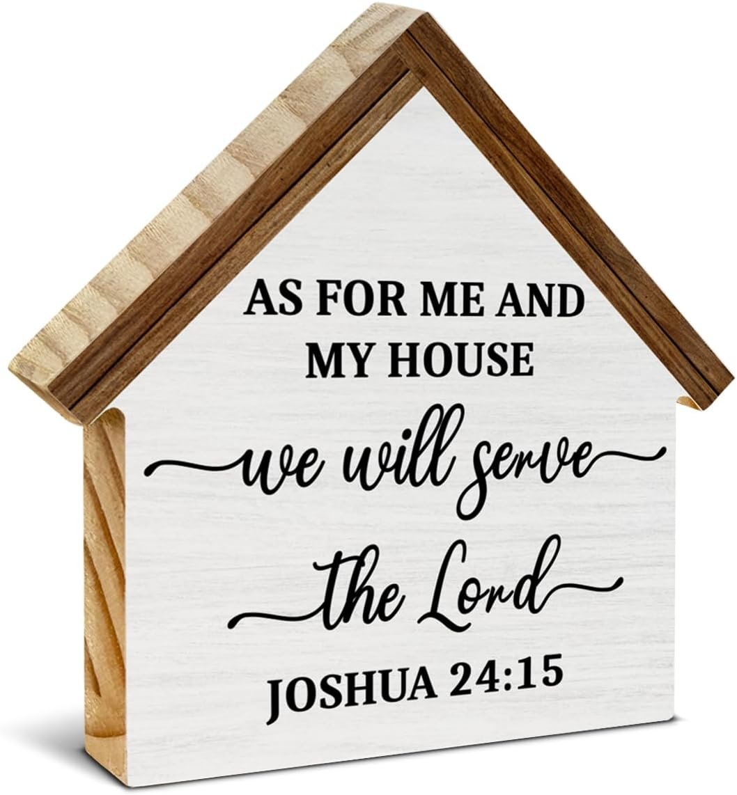 Bible Verse Decor, As for Me and My House We Will Serve The Lord House Shaped Wood Block Sign, Christian Home Room Decor for Desk Table Shelf