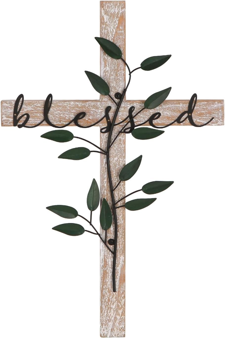 NIKKY HOME Wall Cross, Rustic Wooden Cross With Metal Leaves, Farmhouse Cross Decor, Bless Our Family Christian Decor Spiritual Religious Gifts