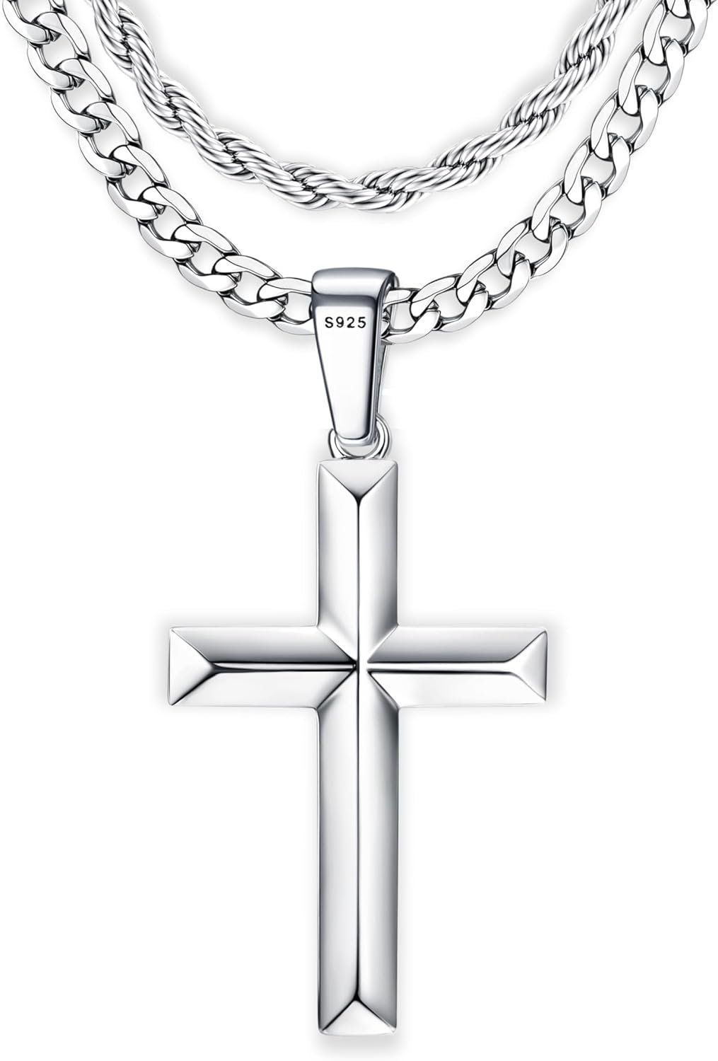 925 Sterling Silver Cross Necklace for Men – Layered Cross Pendant Necklaces Waterproof Stainless Steel Cuban Link Rope Chain Silver Necklace Stack Jewelry with Gift Box 16-30 Inches