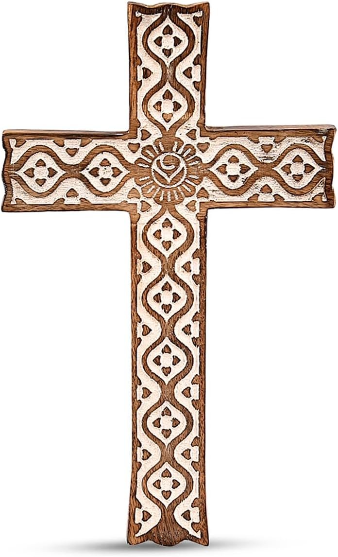 Kimona Cross Mango Wood Decorative Spiritual Art Sculpture Finish Religious Carvings Living Room Home Décor (10″ X 6″ X 0.75″)