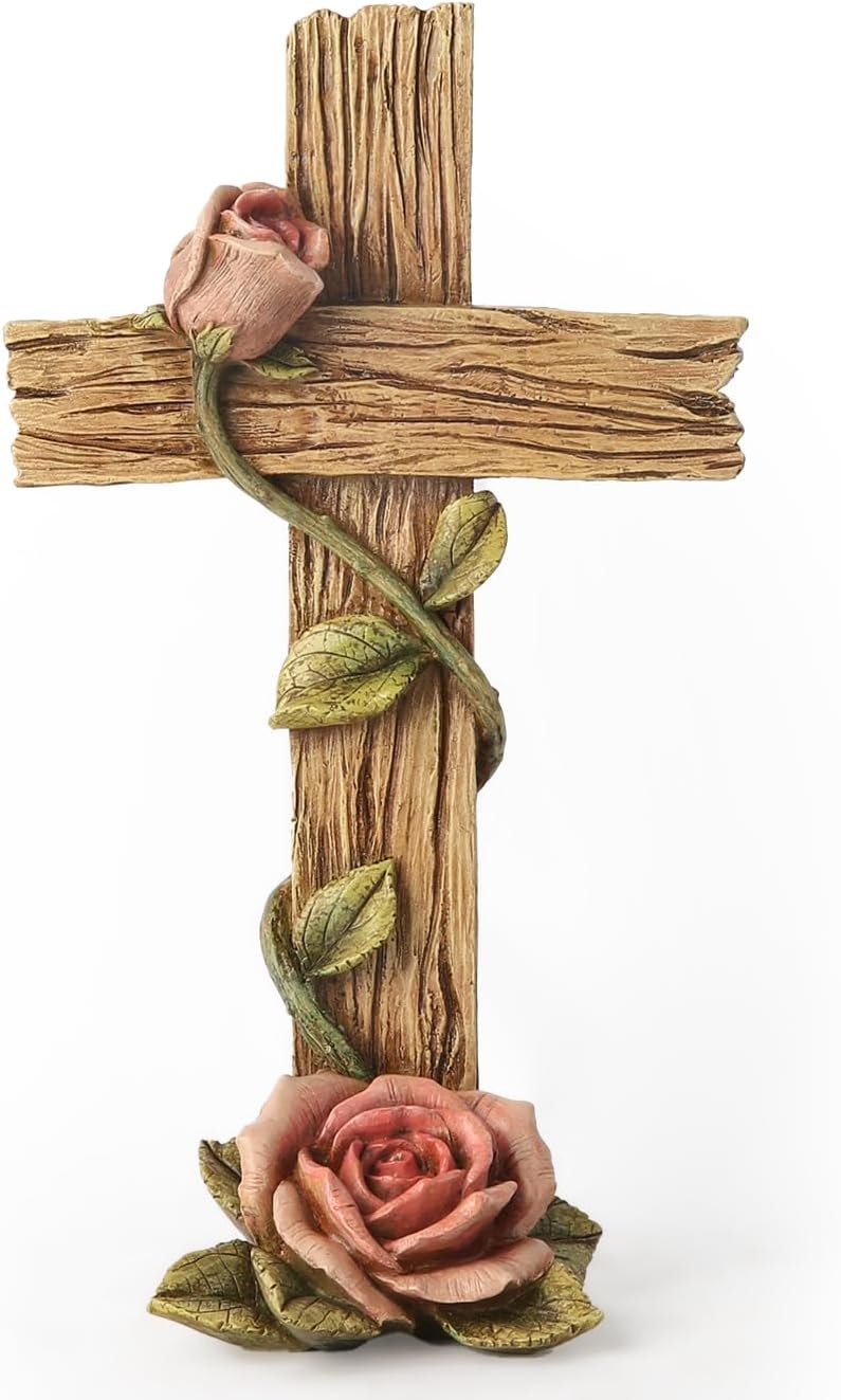 BC Home Decor 8.25″ H Rose Standing Cross, Wood Carve Looking Rustic Décoration for Home, Spring Garden Decor, Mother Day’s Gift, Handpainted by Buildclassic