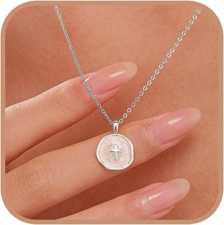 Dainty Cross Necklace for Women 925 Sterling Silver Christian Faith Necklaces 14K Gold Plated Circle Crucifix Pendant Necklace Religious Jewelry Baptism Christian Gifts