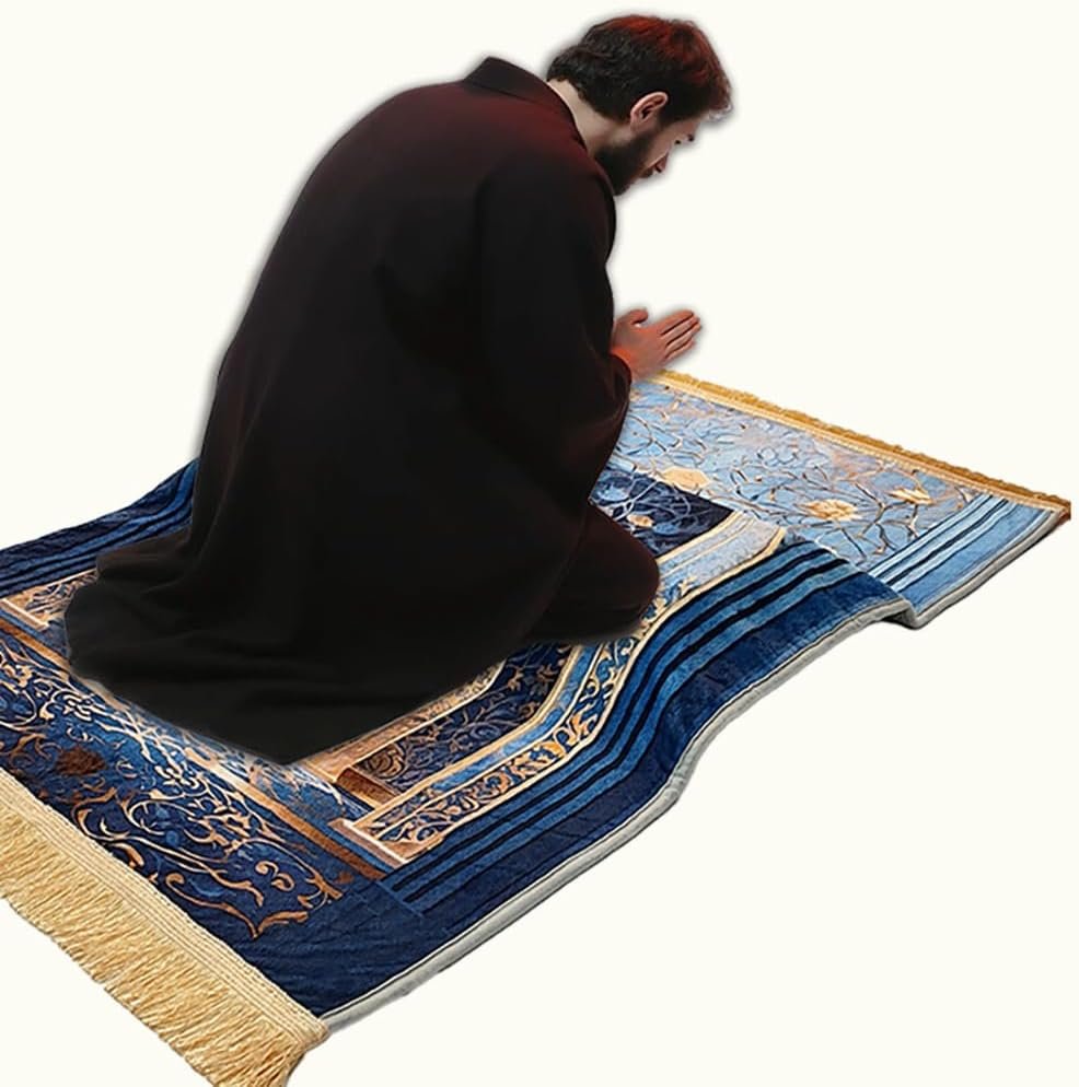 Thick Prayer Mat 3.15 in – Extra Soft Kneeling Cushion for Worship & Meditation, Non-Slip Velvet Mat for Home Mosque Church Use, Comfortable Foldable Prayer Rug for Adults (Blue)