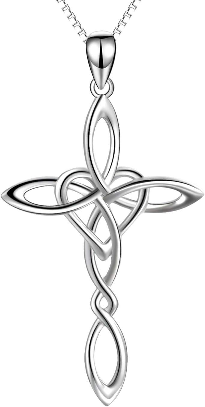 Celtic Knot Cross Pendant Necklace Sterling Silver Religious Irish Infinity Love Heart Irish Celtics Necklace Jewelry Mothers Day Birthday Gifts for Women Girls