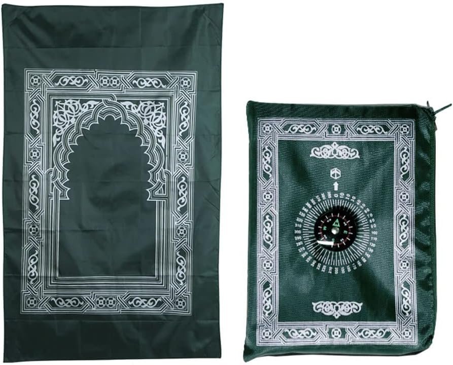 1 Piece Muslim Prayer Rug, Polyester Travel Prayer Mat with Compass, Green, 60CMx100CM