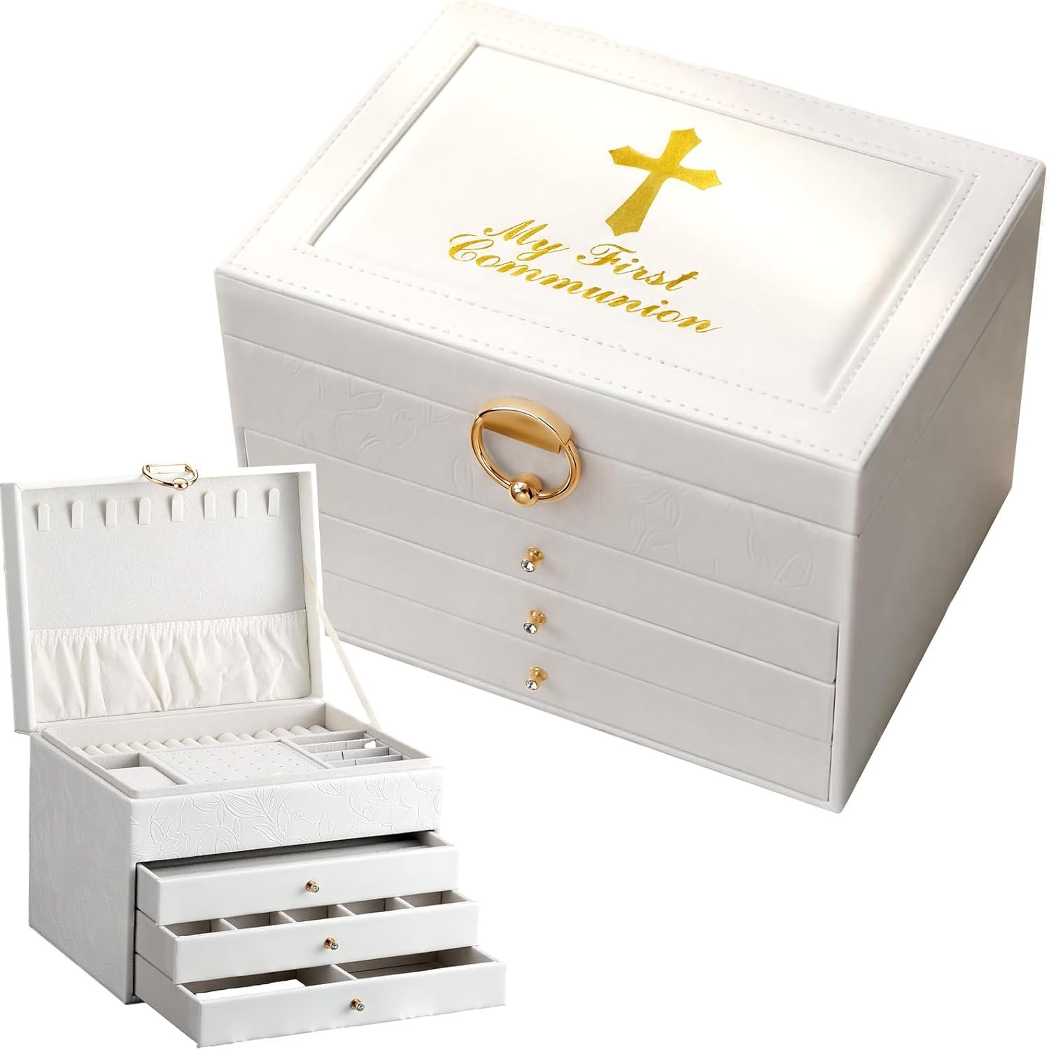Kigeli 3 Pcs First Communion Gifts for Girls Exquisite My First Jewelry Keepsake Box Gifts with Pray Card and Bag Set, Delicate Baptism Jewel Box with Cross for Girls Christian Christening Gift