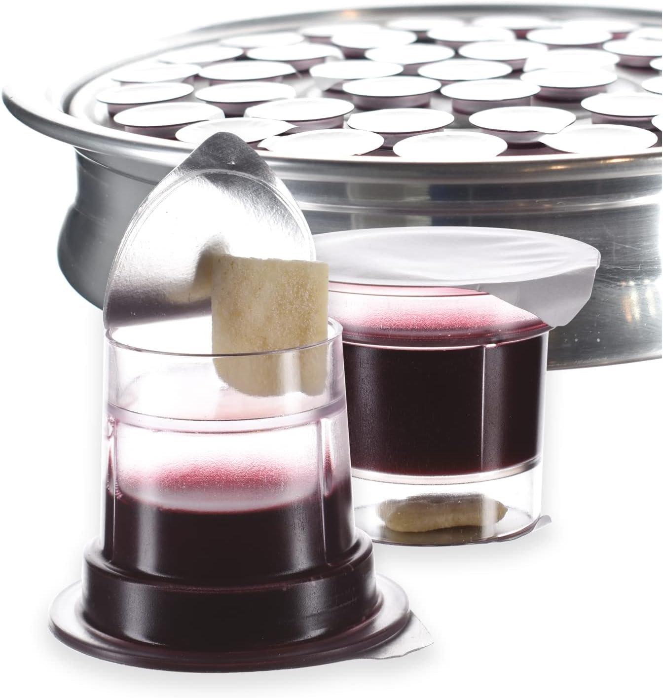 Pre-filled Communion Cups – Tray & Seatback Pew Compatible Cups and Wafer – Concord Juice and Bread – Box of 25 – EASY Open Made in the USA