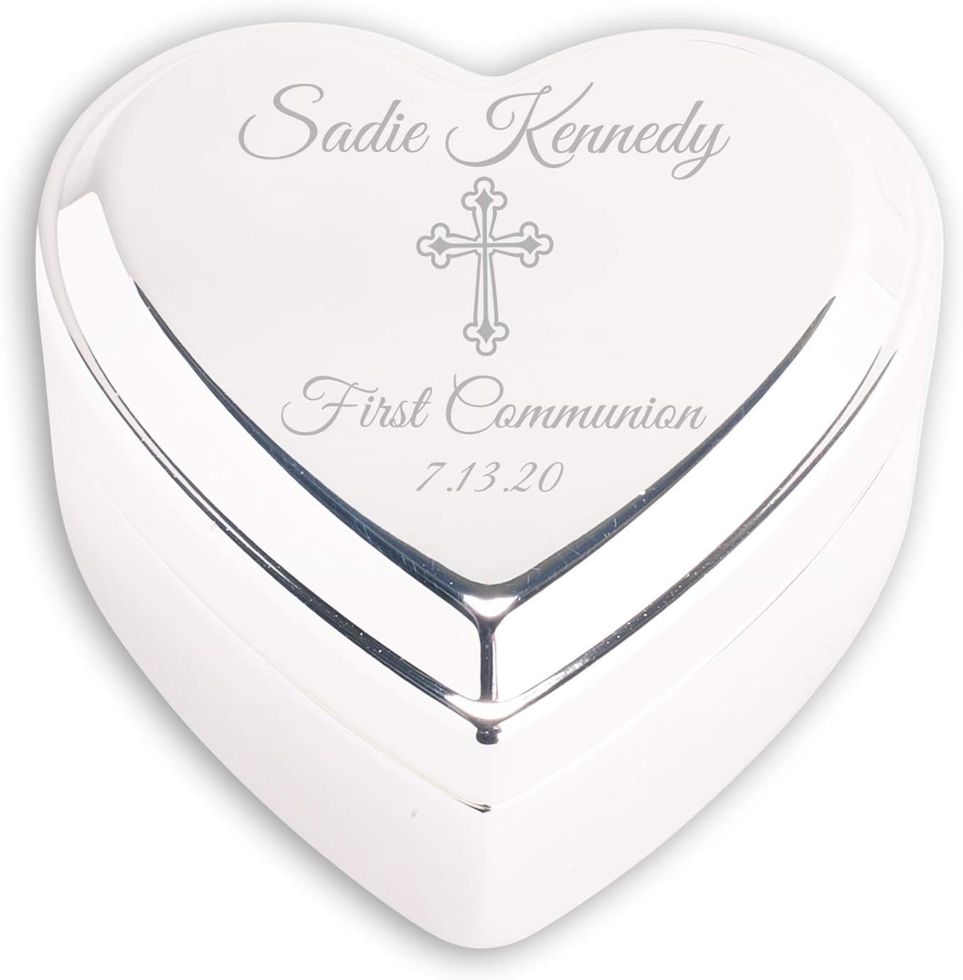 Cherished Moments Personalized Heart Jewelry Keepsake Box with Custom Engraved Cross and Name for First Communion Gift for Girls, Silver Toned