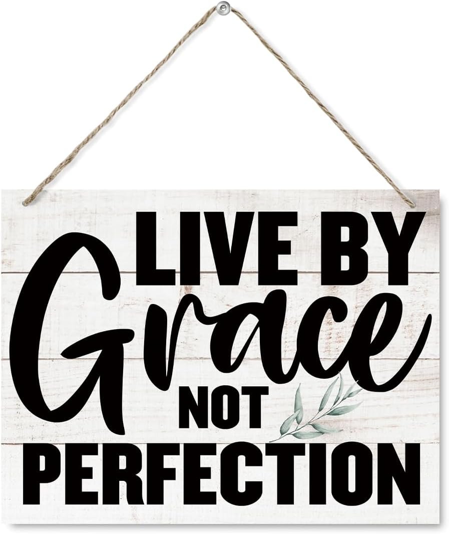 Christian Wood Sign – Live By Grace Not Perfection, Farmhouse Wooden Plaque, Wall Decoration for Home, Bedroom Decor, Religious Artwork, Decorative Wood Hanging Sign, Housewarming Gift