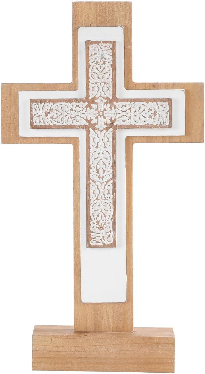 TRENDIN Wooden Standing Cross Decor for Table Desk, Rustic Stand Up Wood Cross Statue for Shelf, Decorative Catholic Christian Religious Home Decoration for Bedroom, Living Room