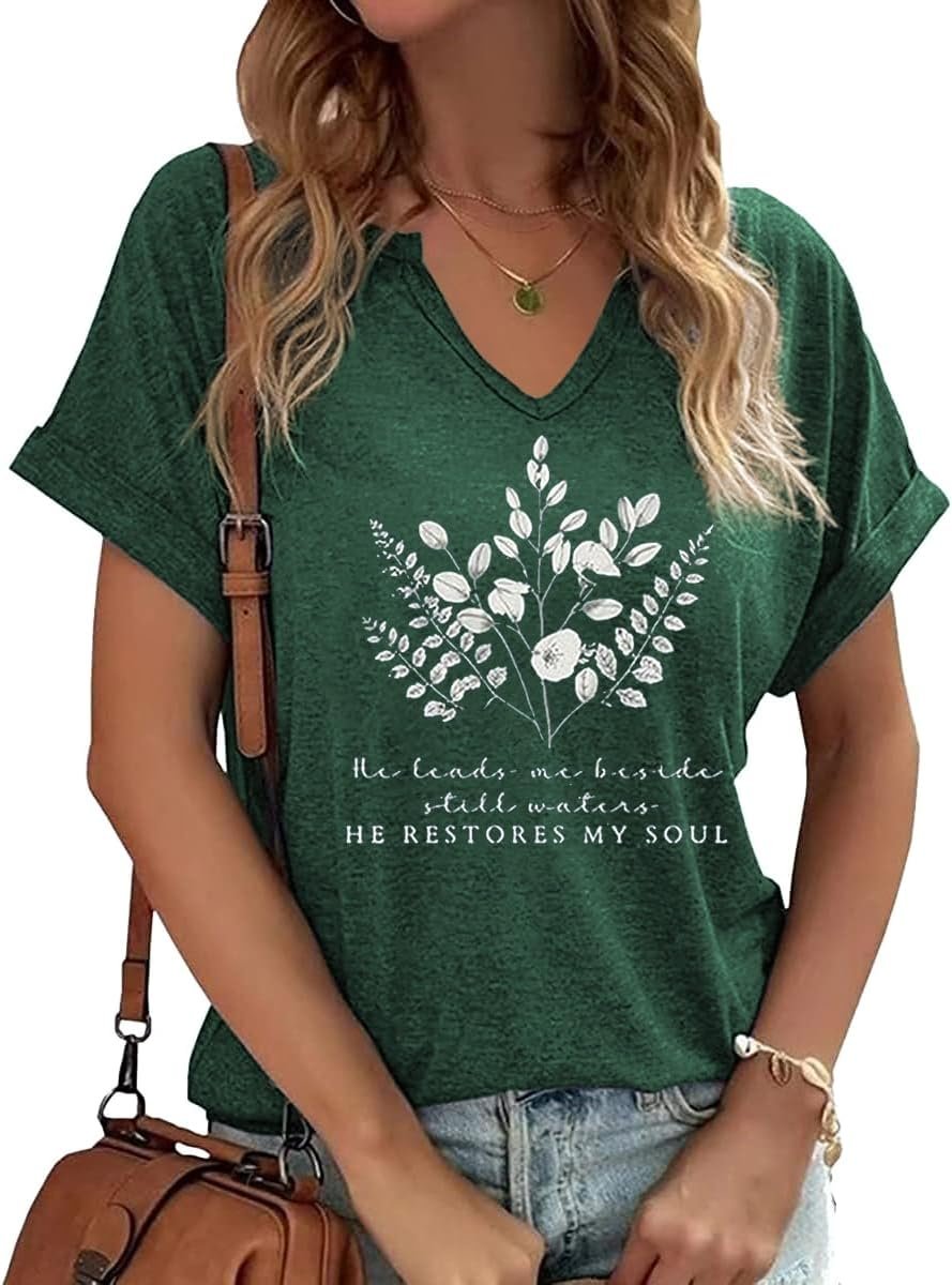 Earlymemb Womens Vintage Flowers V Neck Shirt Boho Floral Wildflowers Graphic Tee Casual Cottagecore Short Sleeve T Shirt