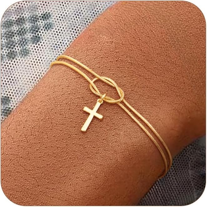 NECOCY Mothers Day Gifts Cross Bracelet for Women, Dainty 14K Gold/Silver Plated Pearl Cross Chain Bracelet Religious Christian Baptism Jesus Catholic Bracelet Jewelry Gift for Mom Wife Daughter
