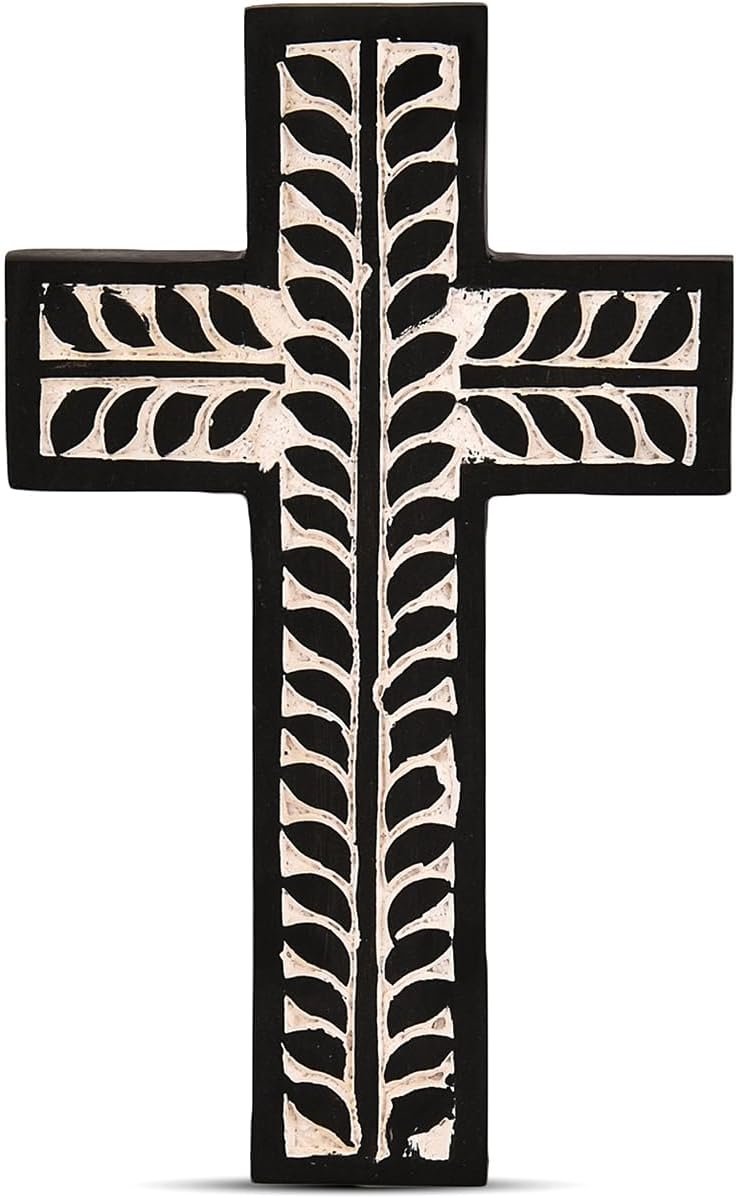 EDHAS Cross Mango Wood Handmade Wooden Cross Wall Decor for Home Room Church Christmas Gifts Home Room Decor Christmas Cross (10″” X 6″” X 0.75″”), Small, Black
