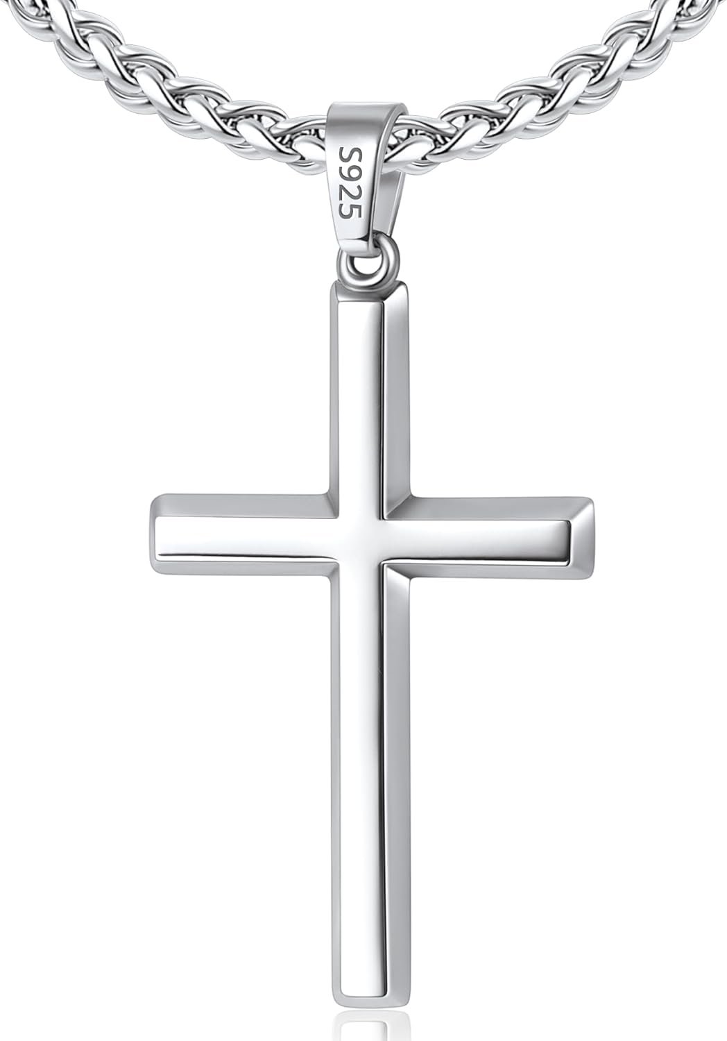 Italian 925 Sterling Silver Cross Necklace for Men Boys, 18k Gold Plated/Sterling Silver Mens Cross Necklace with 3mm Stainless Steel Wheat Chain, Jewelry Gifts for Men 18 20 22 24 26 Inch