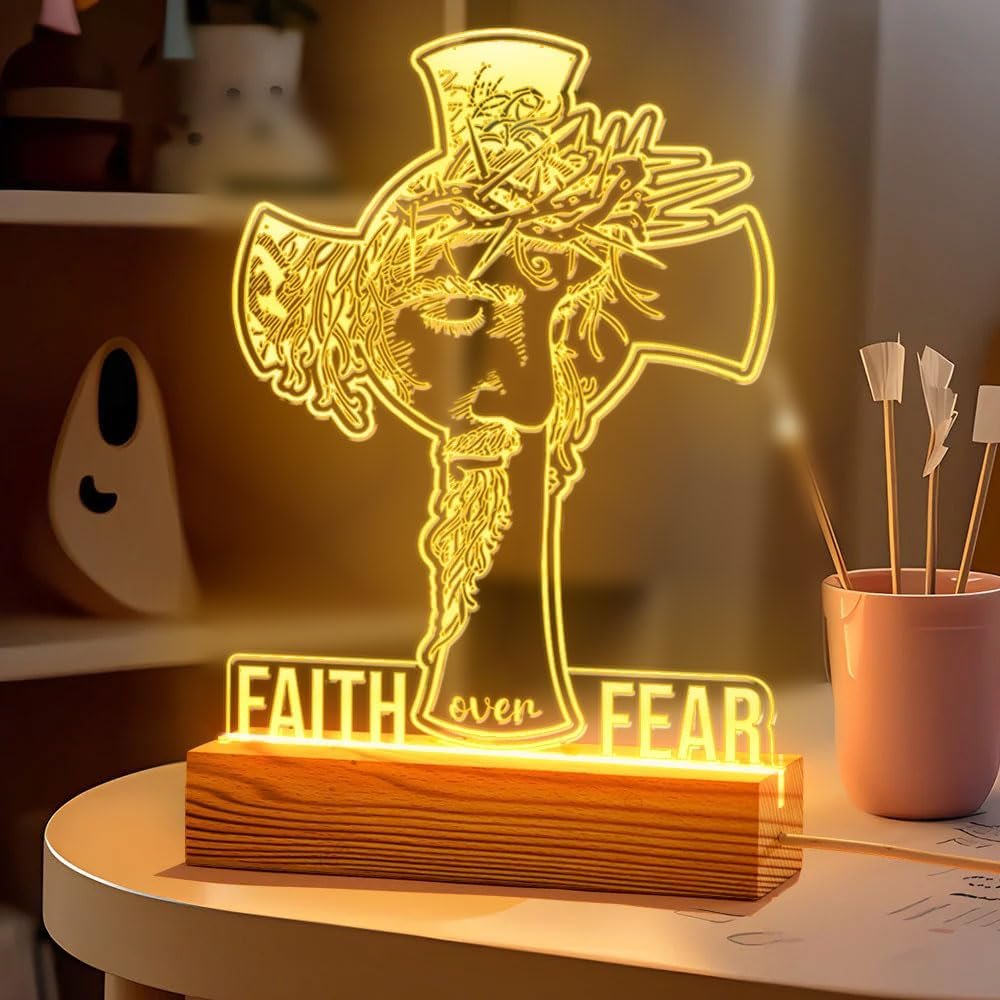 Faith Over Fear – LED Night Light with Jesus and Cross Design – Inspirational Christian Gift – USB Powered Lamp – Wooden Base – Christian Home Decor – Religious Gift for Women – Encouragement Gift