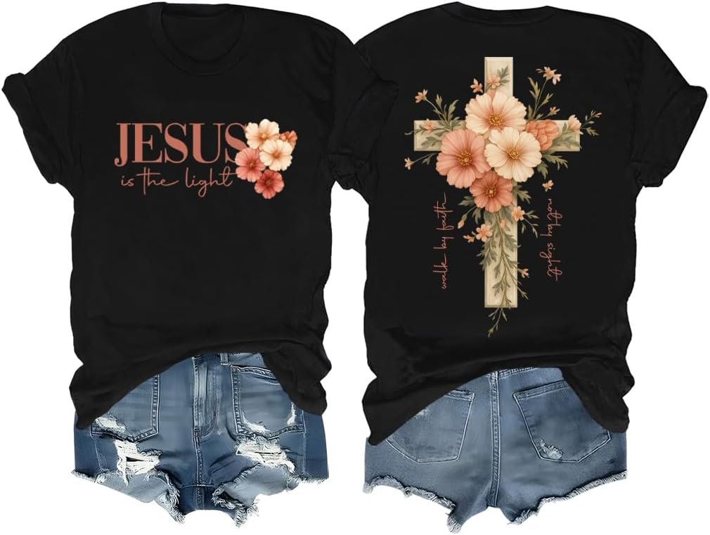 Faith Cross Christian Shirts for Women with Floral Cross Print, Womens Graphic Tees Short Sleeve Tshirt
