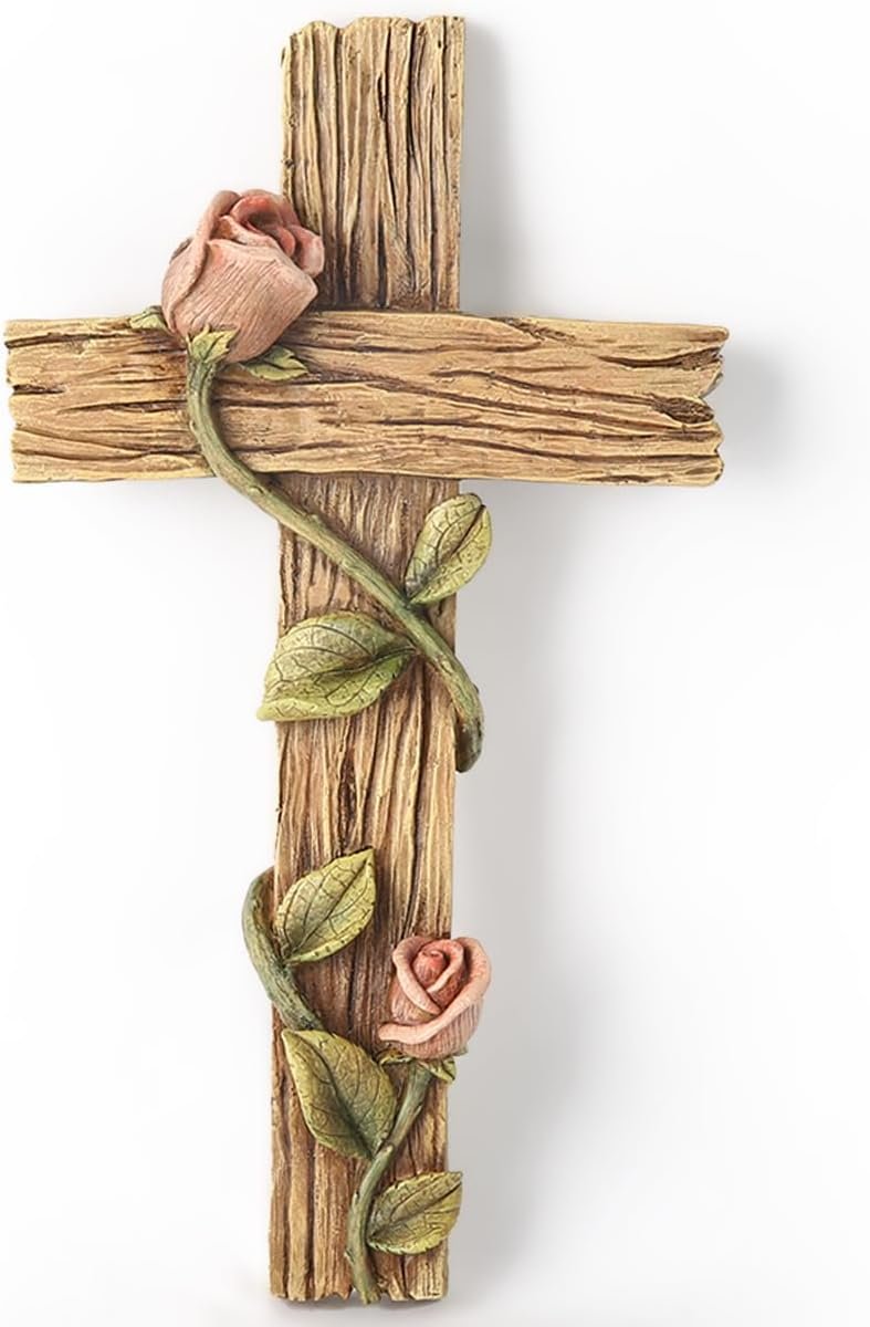 BC Home Decor 8.25″ H Mystical Rose Cross for Wall, Wood Carve Looking Spring Rustic Catholic Home Decor, Mother’s Day Religious Gift, Handpainted by Buildclassic
