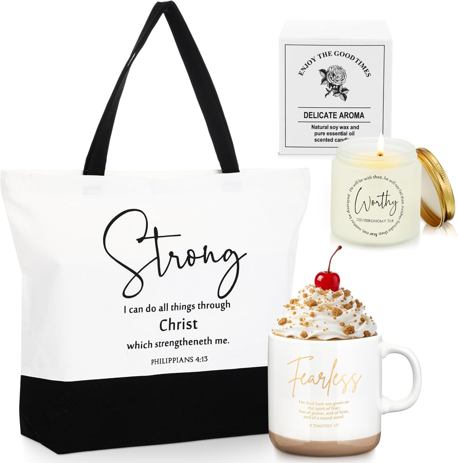 LemonRoad 3 Pcs Christian Gift for Mother Day Inspirational Large Handle Bag Ceramics Coffee Mug Religious Scented Candle Religious Gift for Women Mom Church Party