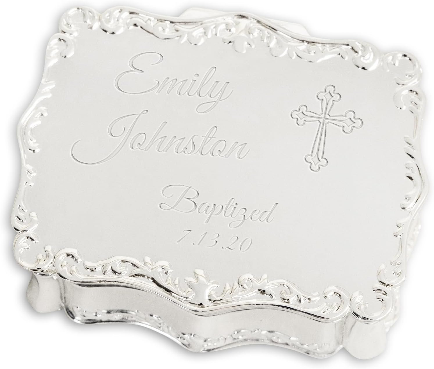 Cherished Moments Personalized Small Rectangle-Shaped Jewelry Box with Custom Engraved Name and Cross for Baptism Gift, Silver Toned