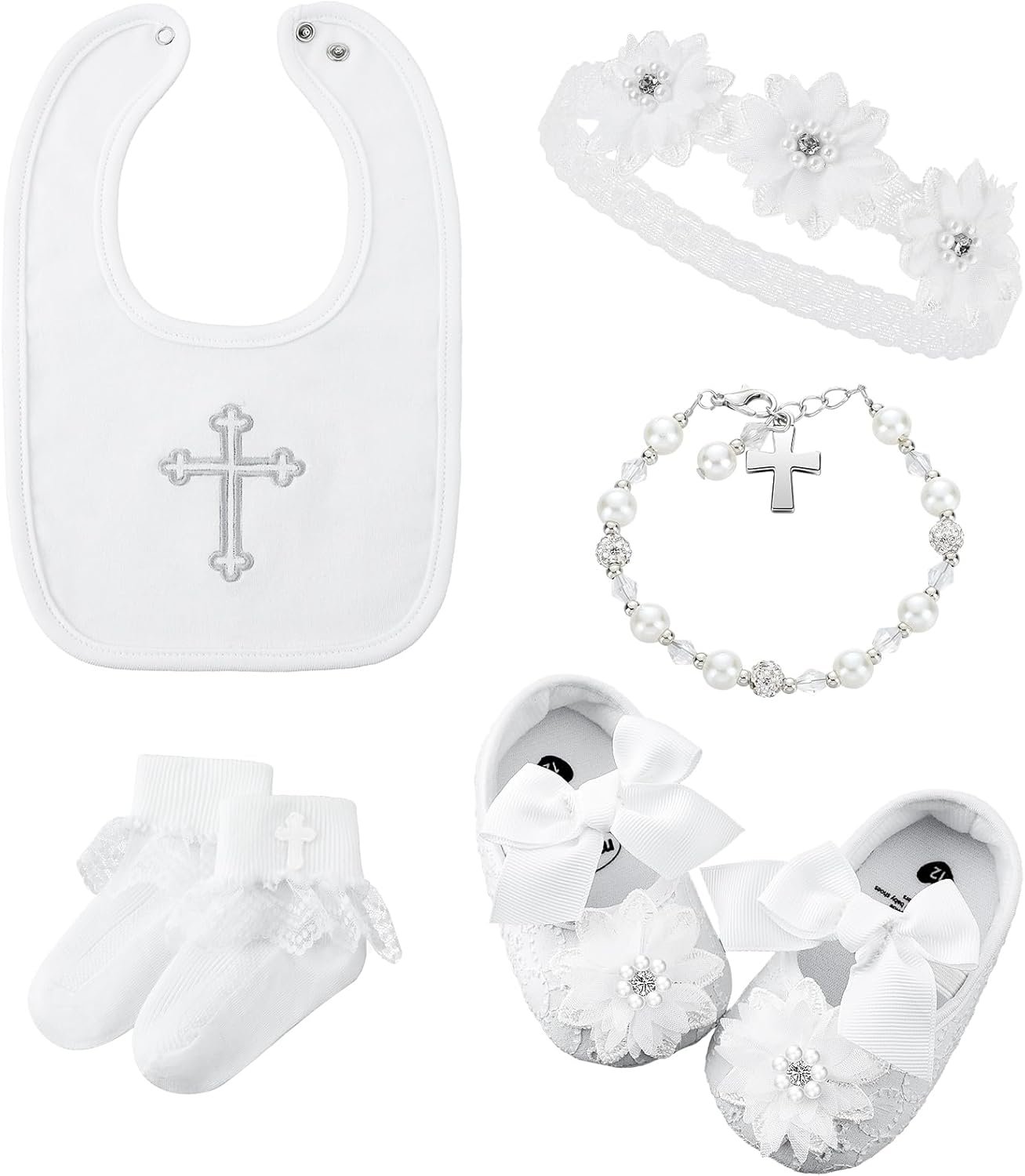 5 Pcs Baptism Bib for Baby Girl white Christening Sock Shoes Headband Cross Charm Bracelet Baptism Outfits Gift