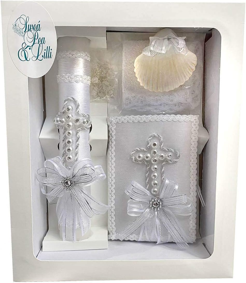 Swea Pea & Lilli White Pearl Cross Baptism Candle Set Kit for Christenings with Shell – Spanish