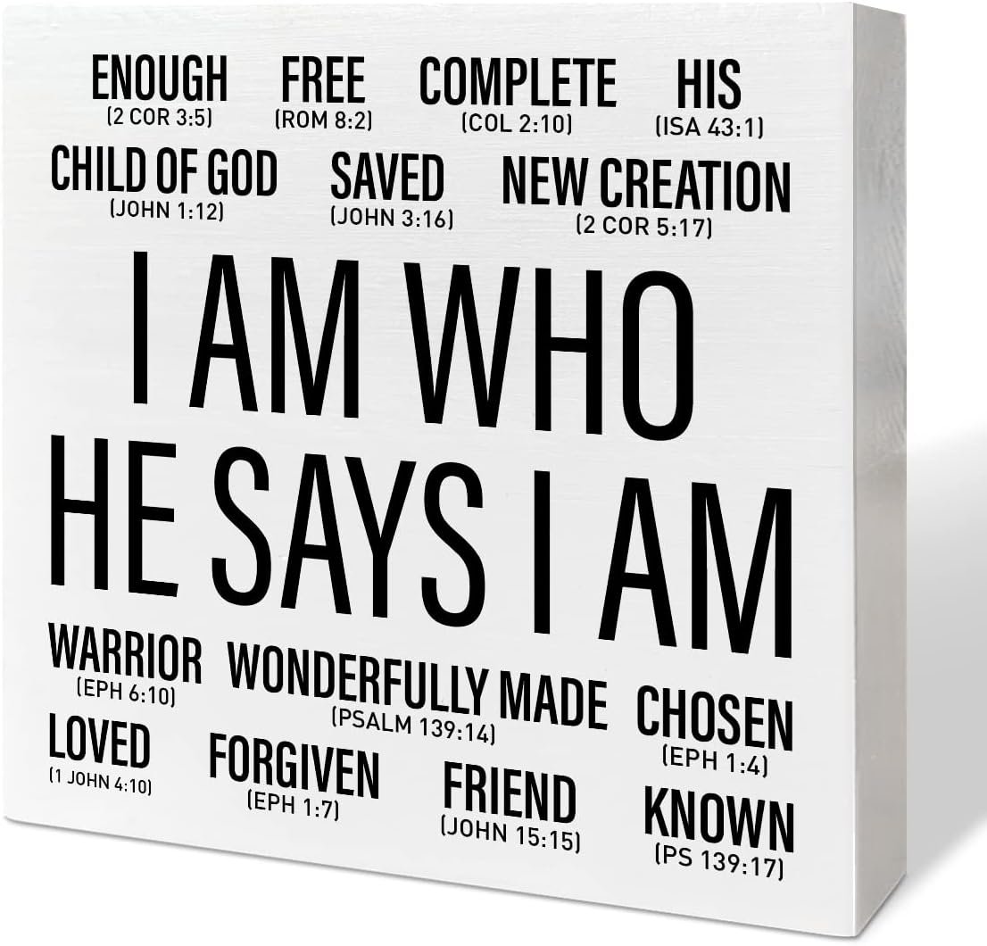 Christian Desk Wooden Box Sign Decor, I Am Who He Says I am, Home Office Religious Motivational Decor Scripture Bible Verse Desk Decoration Inspirational Christian Baptism Gifts for Women Men