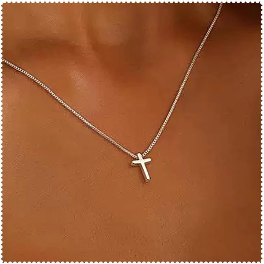 Small Cross Necklace for Women, 14K White Gold Plated Pendant Chain Necklace, Dainty Minimalist Jewelry Silver