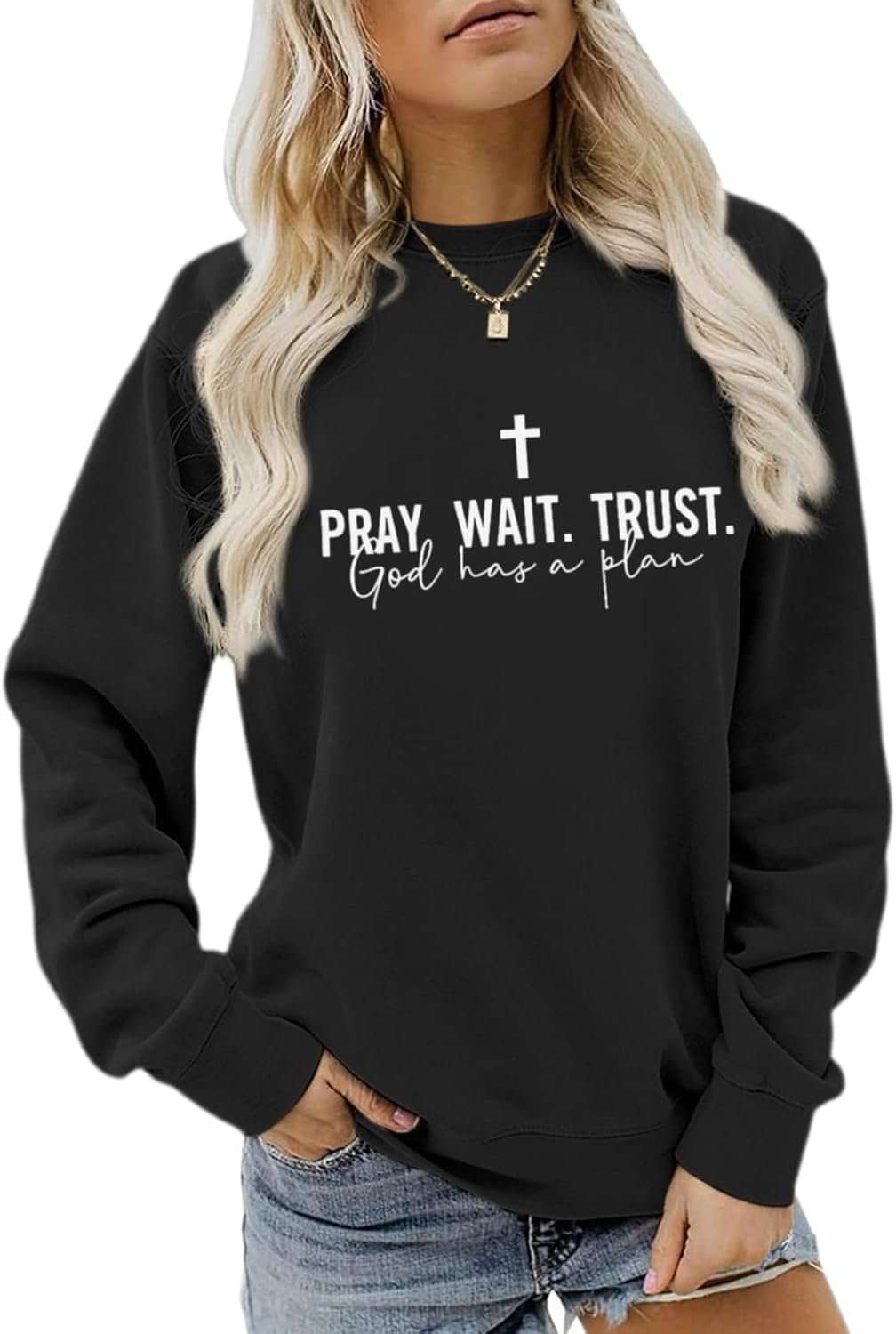 Sulayesh Christian Juses Sweatshirt for Women God Cross Religious Faith Hoodie Bible Verse Pray Wait Trust Graphic Shirt