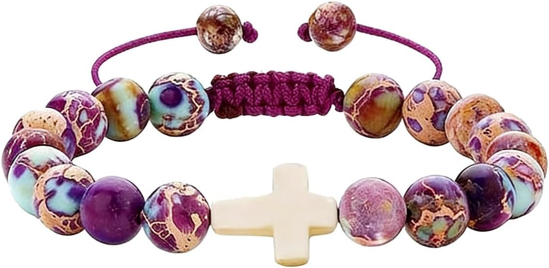 Charm Bracelet for Women, Cross Charm Bracelet Easter Gifts for Womens Natural Stone Beaded Bracelet Christian Gifts for Women Inspirational Jewelry