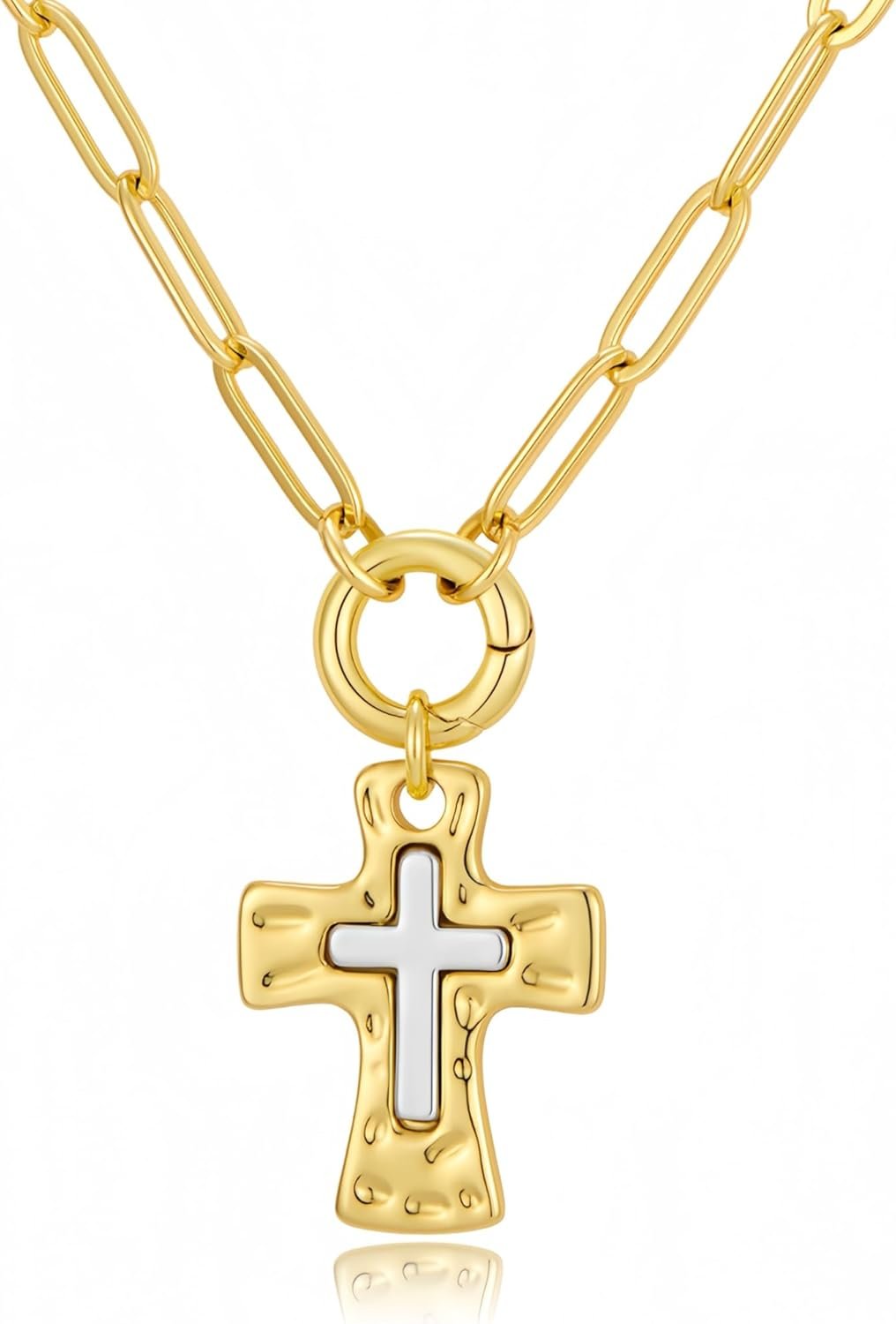 Gold Silver Cross Chain Necklace for Women＆Men,5mm Gold Paperclip Chain Chunky Cross Pendant Necklace,Religious Christian Faith Cross Jewelry Gift,18in+2in Open Ring for Pendant Replacement