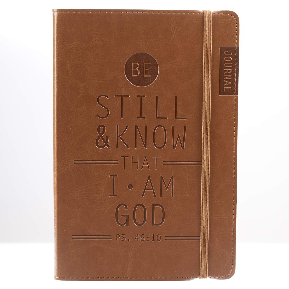 Christian Art Gifts Tan Faux Leather Journal, Be Still and Know – Psalm 46:10, Flexcover Inspirational Notebook w/Elastic Closure 160 Lined Pages w/Scripture, 5.8 x 8.5 Inches