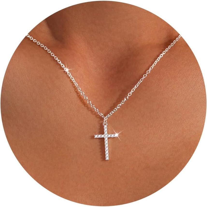 Mothers Day Gifts for Mom Cross Necklace for Women Girls, Dainty 14K Gold Silver Plated Cross Choker Jewelry Non Tarnish Waterproof Cute Simple Small Necklace Christian Baptism Religious Faith Jewelry Gifts