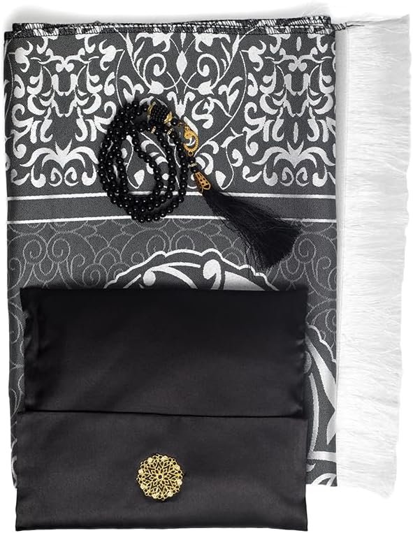 ABDEEZ Gift Prayer Mat – Turkish Design Muslim Prayer Rug & Prayer Beads Set with Satin Pouch, Ideal Islamic Gift for Hajj, Eid, Weddings & Umrah (Black)