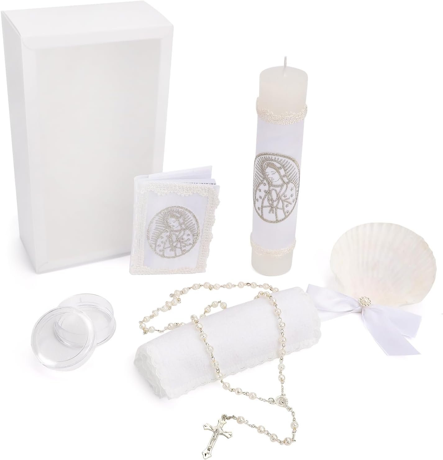 5 PCS Baptism Candle Set for Boys and Girls,Baptism Kit Catholic Candle,Towel,Shell,Rosary andBible for Baptismal Christening First Communion Gift