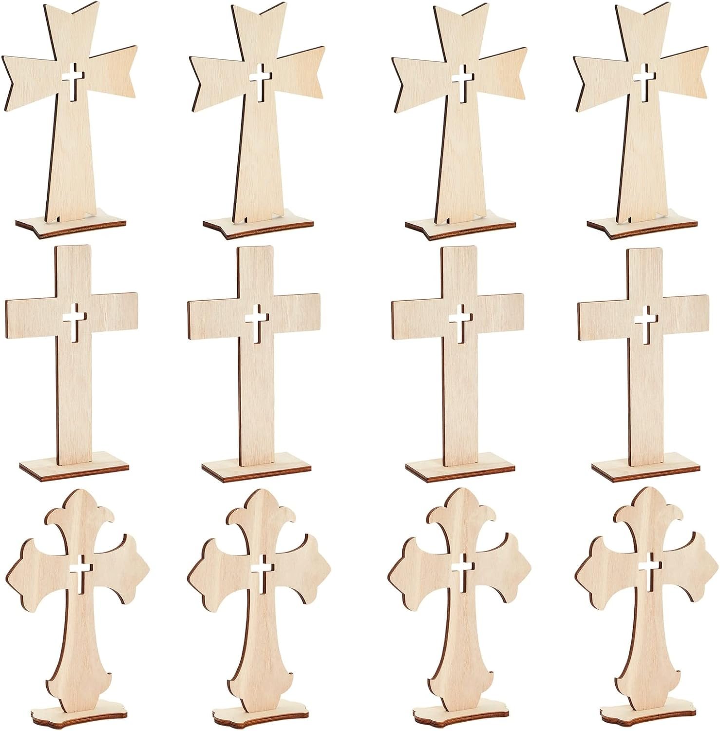 Bright Creations Wooden Crosses for Crafts – DIY Blanks to Paint & Cross Decor with Stands – Baptism Table Centerpieces & Favors – 12-Pack, 3 Sizes, Light Brown