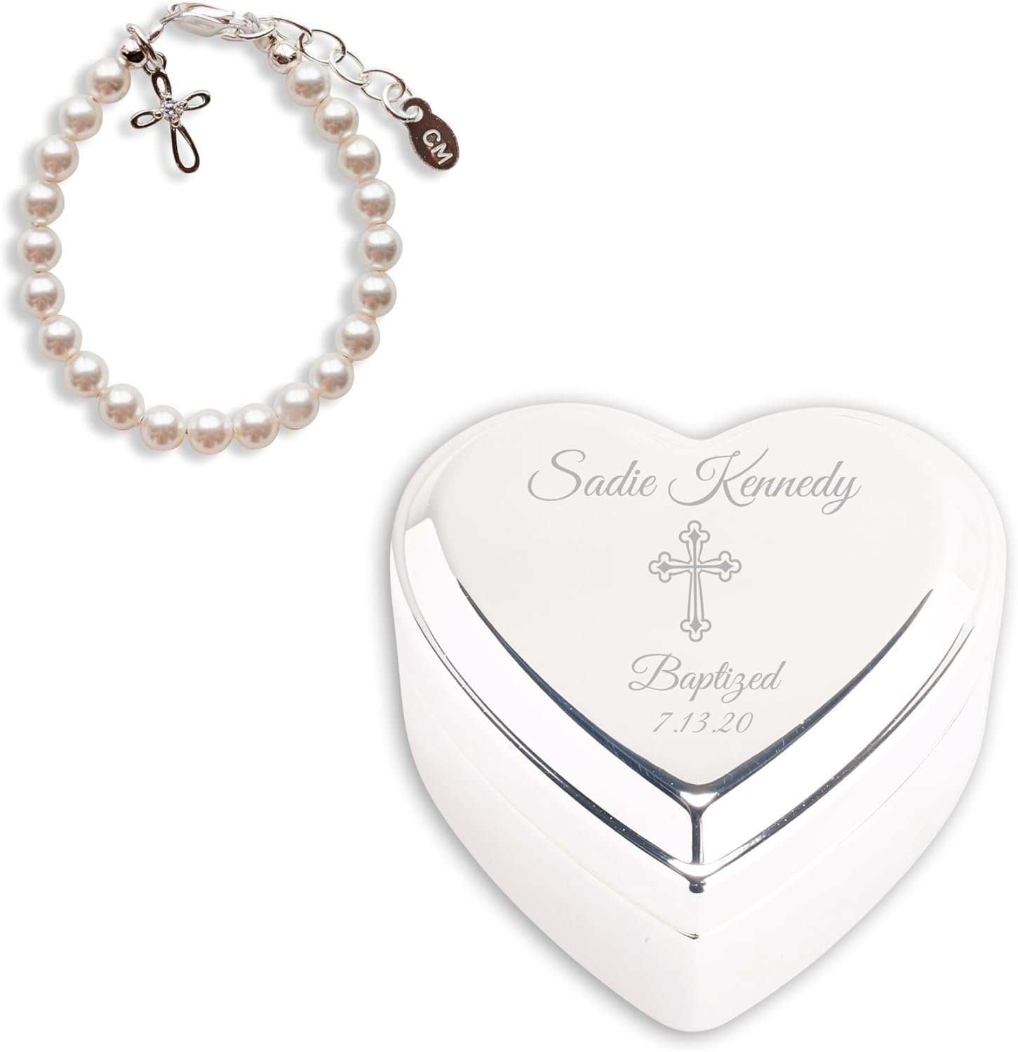 Cherished Moments Baptism or First Communion Gift for Girls Includes a Personalized Engraved Jewelry Box and 925 Sterling Silver Cross Bracelet with Simulated Pearls