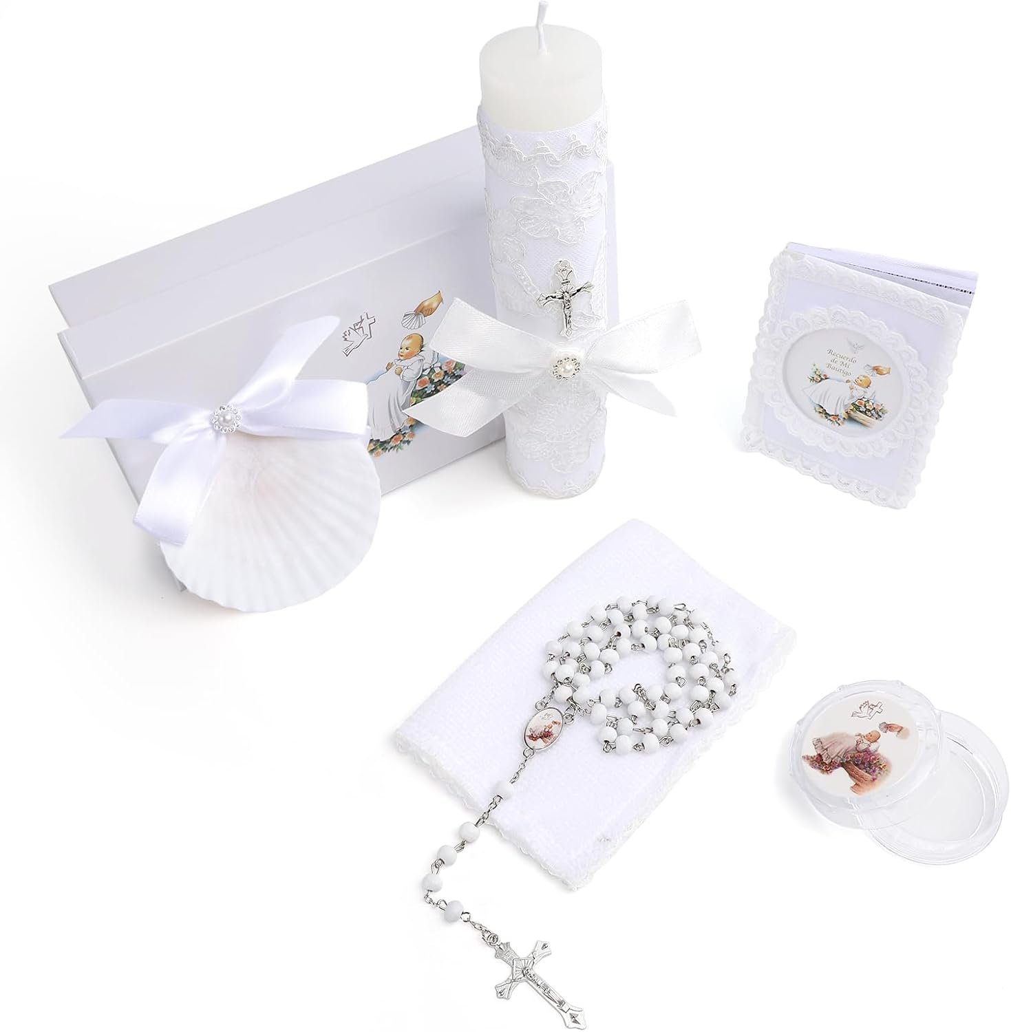 Baptism Candle Set for Boys Girls,5 PCS Baptism Kit Catholic Candle,Baptism Towel,Baptismal Shell,Rosary,Bible for Baby Dedication Christening Gift,Velas para Primera Comunión De Niño Bautizo De Niña