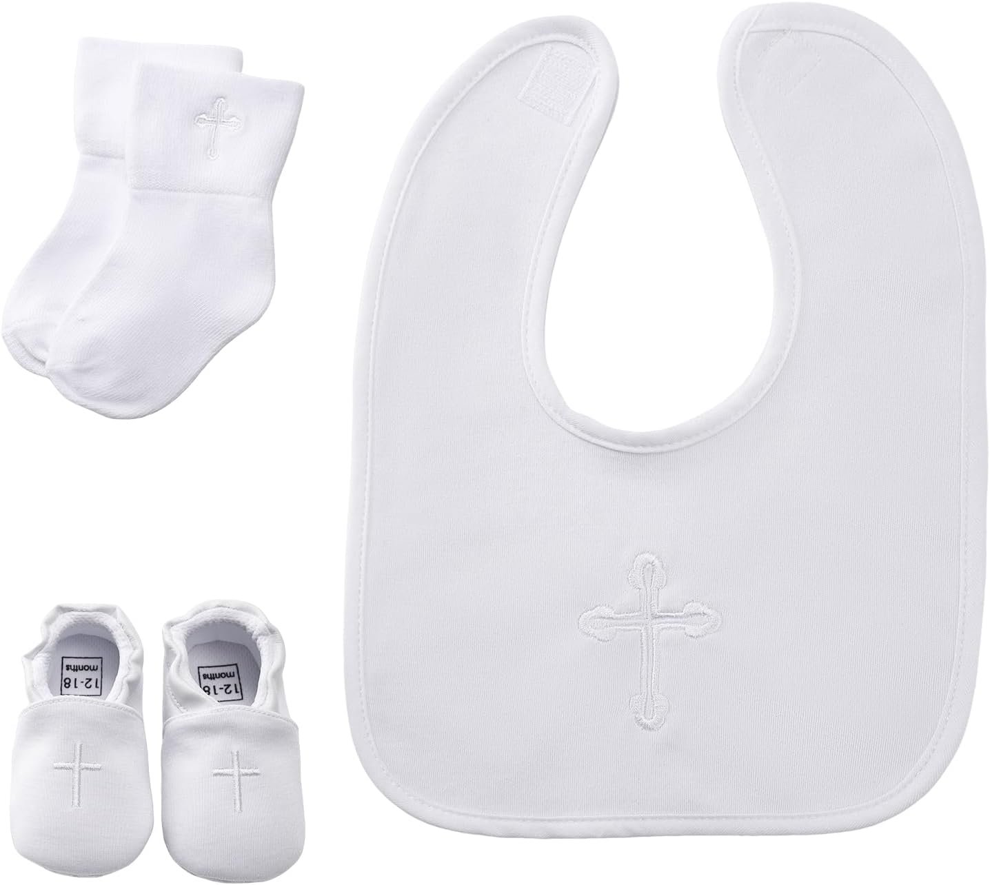 Baptism Gifts Set for Boys and Girls,White Embroidered Cross Bibs Christening Shoes and Socks for Baby Infant.